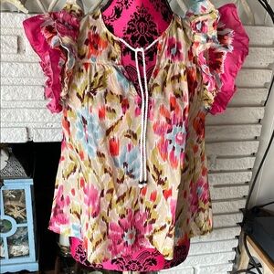 House of Harlow 1960 Cream and Pink Ruffled Tie Front Blouse